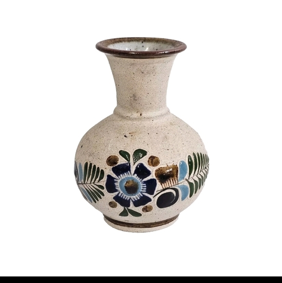 Collectible Mexican Tonala Brown Hand Painted Pottery Vase Floral Design - Picture 1 of 8